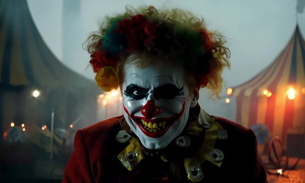 A scary clown with a sinister grin and exaggerated makeup (mov, fictional person)