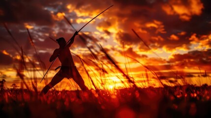 Javelin throw during a vibrant sunset in the jungle, the ultimate test of strength and precision in the wild