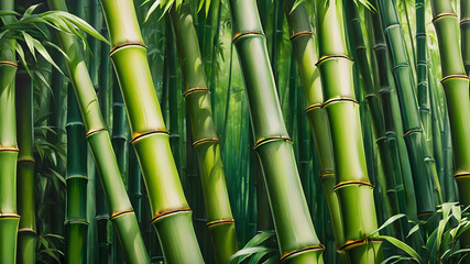 Fototapeta premium Tall tropical bamboo wall mural painted art. Generative AI