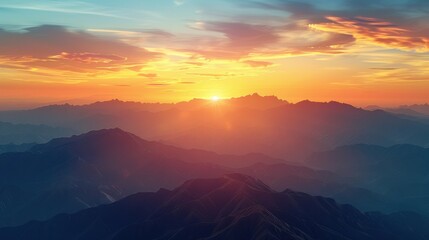 Obraz premium A stunning sunset over mountainous terrain, captured in an 8K cinematic style with vibrant natural colors and dramatic lighting.