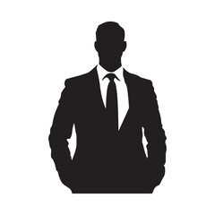a black silhouette of a man in a suit and tie, standing with his hands in his pockets.