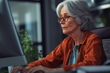 An elderly gray-haired woman in glasses is working at a computer.