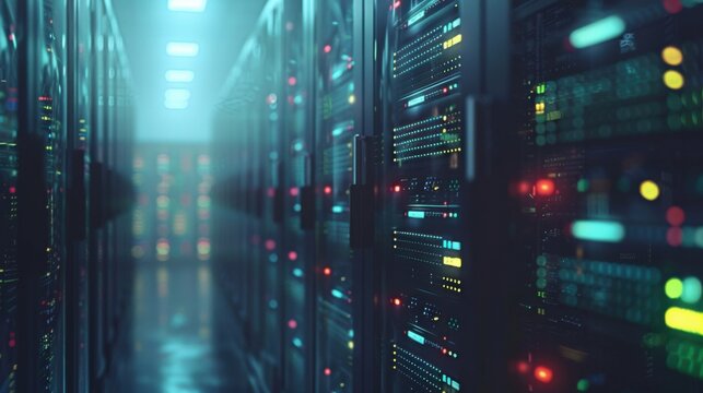 A modern, empty server room featuring large servers with numerous wires and LED lights. The servers are aligned in rows, and the room is dimly lit with a futuristic ambiance.