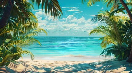 Fototapeta premium A vibrant wallpaper showcasing a tropical beach scene with turquoise waters