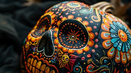 A close up of a pumpkin intricately painted with a colorful Day of the Dead design on a dark background perfect for festive and cultural holiday decorations