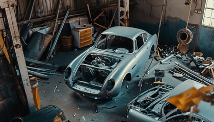 Fototapeta premium Auto repair workshop car frame disassembled with tools, gray vehicle damaged in garage