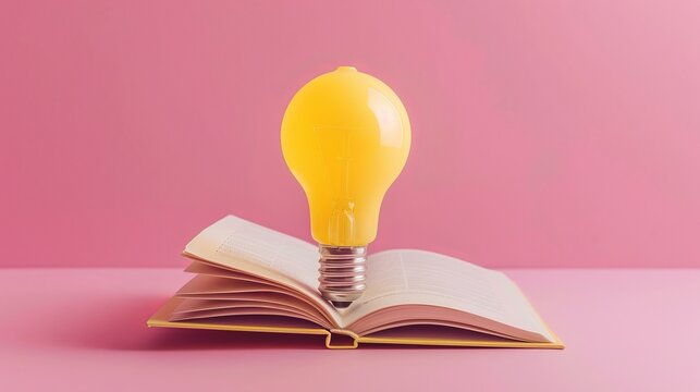 A yellow light bulb and an open book are shown against a pink background. This image represents how education and knowledge can spark new ideas, leading to the creation of new concepts.