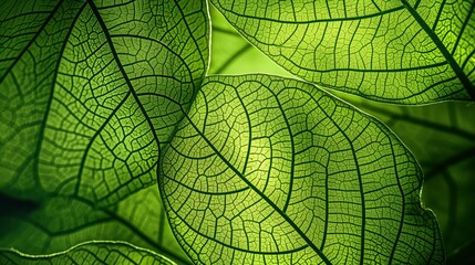 Intricate Abstract Digital Art of Vibrant Green Leaves with Detailed Veins and Luminous Glow