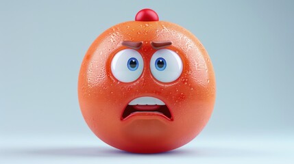 A 3D animated emoji with a surprised expression, featuring wide blue eyes, raised eyebrows, and an open mouth. The emoji has a glossy, orange texture with a red top.