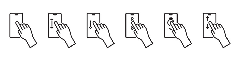 Scrolling screen sign. Finger gesture icon in smartphone screen, Finger gesture icon scrolling smartphone screen, outline style of finger tuching and scrolling in transparent background. vector illust