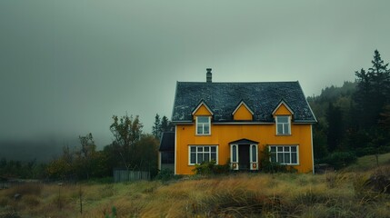 Yellow House in Foggy Forest
