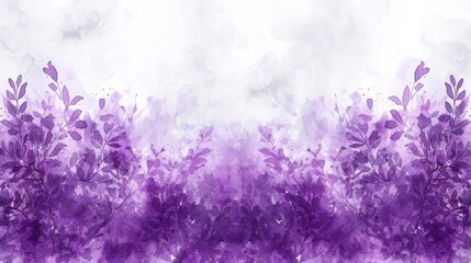 Obraz premium A beautiful watercolor floral banner with shades of purple and violet leaves. The background is light with watercolor brush strokes, giving a delicate and artistic feel.