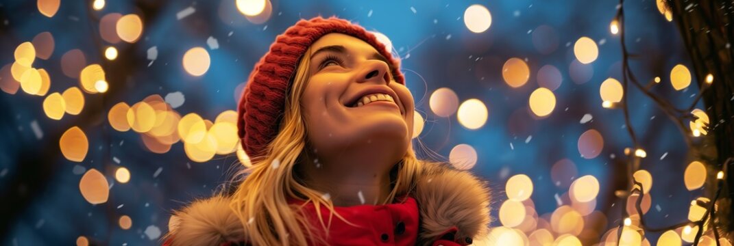 A lady in a red hat is enchanted by the magic of Christmas lights, bringing joy and delight during the festive winter season. Her presence spreads positivity and cheer in the enchanting evening