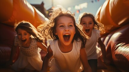 Youthful excitement - kids having fun on inflatable bounce house, highlighting school holiday entertainment, active lifestyle, sports, creating lively, engaging atmosphere for playful enjoyment