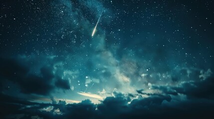 Obraz premium A stunning cinematic 8K still capturing shooting stars streaking across a cloudy, star-filled night sky.