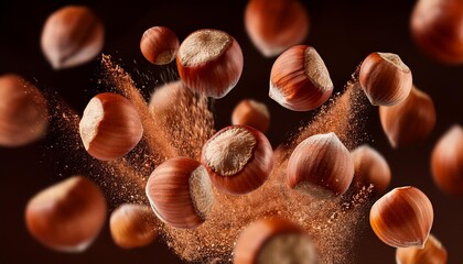 Hazelnut nuts explosion splash or falling for advertising banner or ad poster. Macro closeup hazelnut nuts falling explode motion for snack package or food product background
