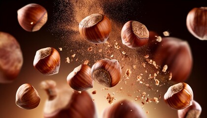 Hazelnut nuts explosion splash or falling for advertising banner or ad poster. Macro closeup hazelnut nuts falling explode motion for snack package or food product background