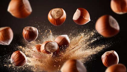 Hazelnut nuts explosion splash or falling for advertising banner or ad poster. Macro closeup hazelnut nuts falling explode motion for snack package or food product background