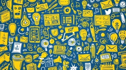Obraz premium Colorful doodle art featuring creativity and innovation icons, including light bulbs, gear wheels, laptops, pencils, and various technology symbols.