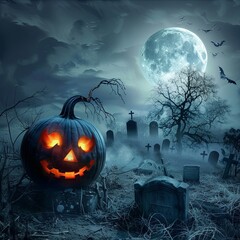Spooky Halloween Scene with Glowing Pumpkin Under Full Moon