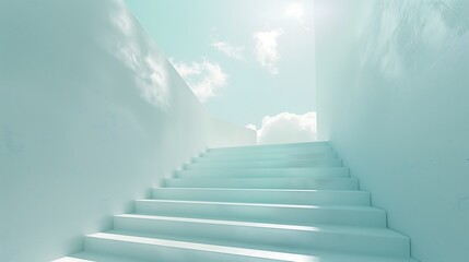 Fototapeta premium A staircase leading to clouds or light, career growth and success concept, pastel colors, minimalist style. Generative AI.