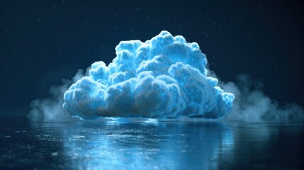 A digital artwork of a glowing, blue cloud floating over a reflective water surface, under a dark, starry sky with a futuristic and ethereal ambiance.