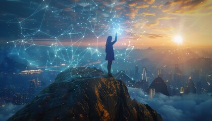 Fototapeta premium Businesswoman on mountain peak with holographic network and city skyline in high quality photo