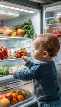 Naklejki Curious baby boy joyfully exploring and discovering assorted foods in the kitchen refrigerator
