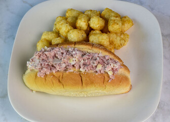 spam salad  sub  with tater tots