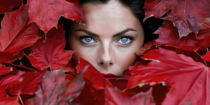 A woman with piercing blue eyes peeks out from behind a bed of vibrant red autumn leaves