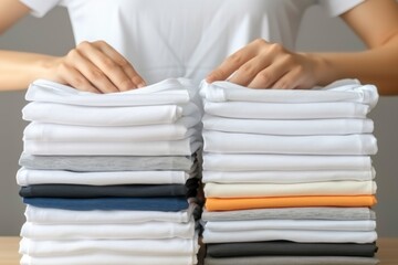Obraz premium A person folds a stack of white laundry, with a few colorful items woven in