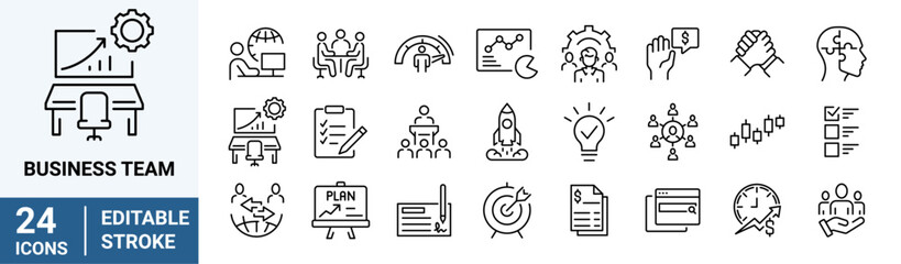 Business teamwork line web icons. Containing team, cooperation, group, people, organization, collaboration, communication, partnership, leadership, support, unity, community. Vector illustration