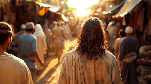 The image depicts a back view of a figure, often depicted as Jesus, surrounded by people in an ancient marketplace setting. The scene is bathed in warm sunlight. - Powered by Adobe