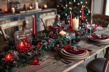 Festive christmas table setup with ornaments and candles, shot from a trendy elevated point of view