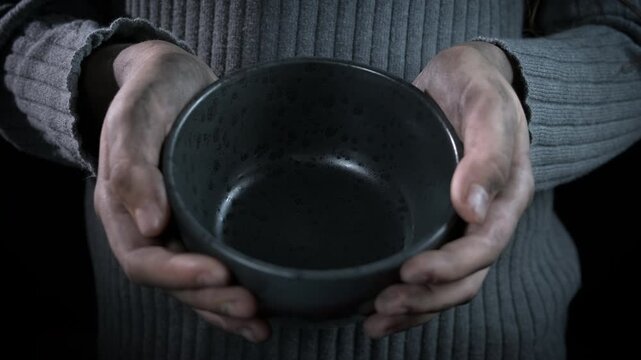Beggar at lack of food. A beggar with lack of food hold empty bowl in her hands against black background.