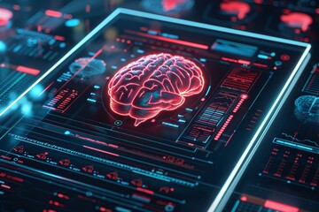 Obraz premium Artificial intelligence is displaying a glowing brain on a futuristic transparent screen, surrounded by data and charts