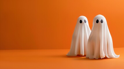 Two cartoonish ghosts with black eyes stand against an orange background, capturing a fun Halloween theme.