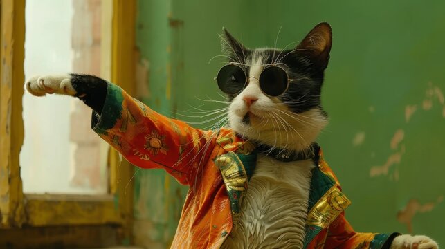 A stylish black and white cat is wearing colorful clothes and sunglasses, striking a dancing pose near a bright window with a green wall in the background.