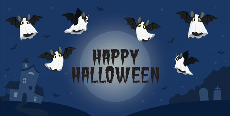 Happy Halloween banner. Bats in the ghost costumes with night background. 