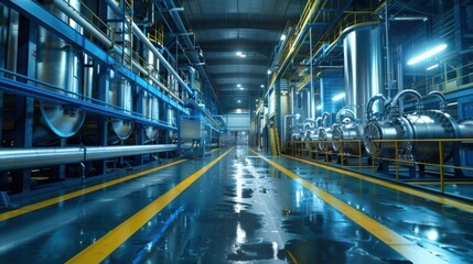 A modern pharmaceutical clean room with industrial design features a spacious layout, stainless steel machinery, and glossy floors reflecting overhead lighting.