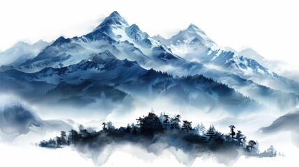 A beautifully upscaled image of snow-covered mountains with a cluster of trees at the base, set against a transparent background.