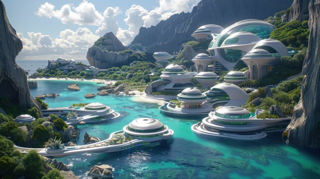 A futuristic utopian metropolis by the coast, featuring modern, sleek architecture and abundant greenery, set against a backdrop of lush mountains and a serene blue sea.