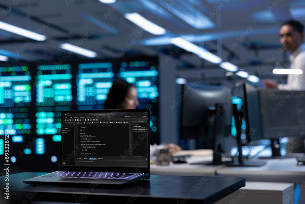 Poster focus on laptop used by it developer in server room to find network issues affecting supercomputer p