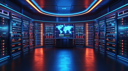 A futuristic data center with glowing red and blue lights, multiple server racks, and a large screen displaying a world map in a secure room.