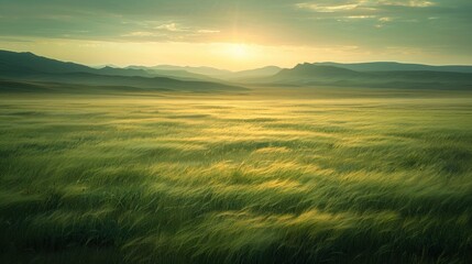 Fototapeta premium A serene field of wheat basks in the early morning light, with gentle waves of golden green under a partly cloudy sky. Hills and mountains create a tranquil backdrop.