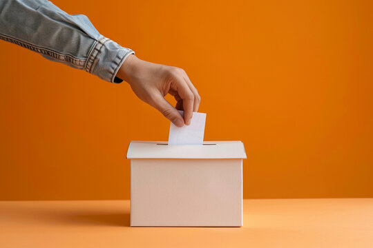 "Voting in Elections: Hand Casting Ballot in Box with Orange Background"