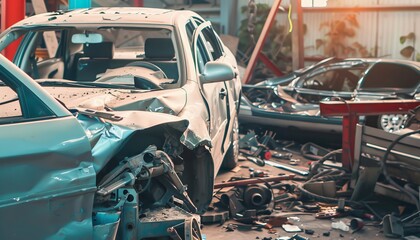 Fototapeta premium Modern car repair, frame disassembled, mechanic fixing damaged vehicle at auto service center