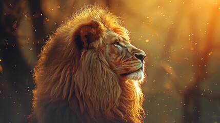 Naklejka premium A majestic lion gazes into the distance, bathed in warm, golden light. The image exudes strength and power, symbolizing the 'Lion of Judah' in Christian iconography.