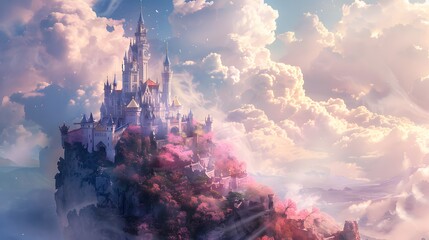 Fototapeta premium Dreamy fantasy castle perched on a mountain surrounded by clouds and pink blossoms