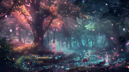 Surreal forest landscape with vibrant colors and glowing elements